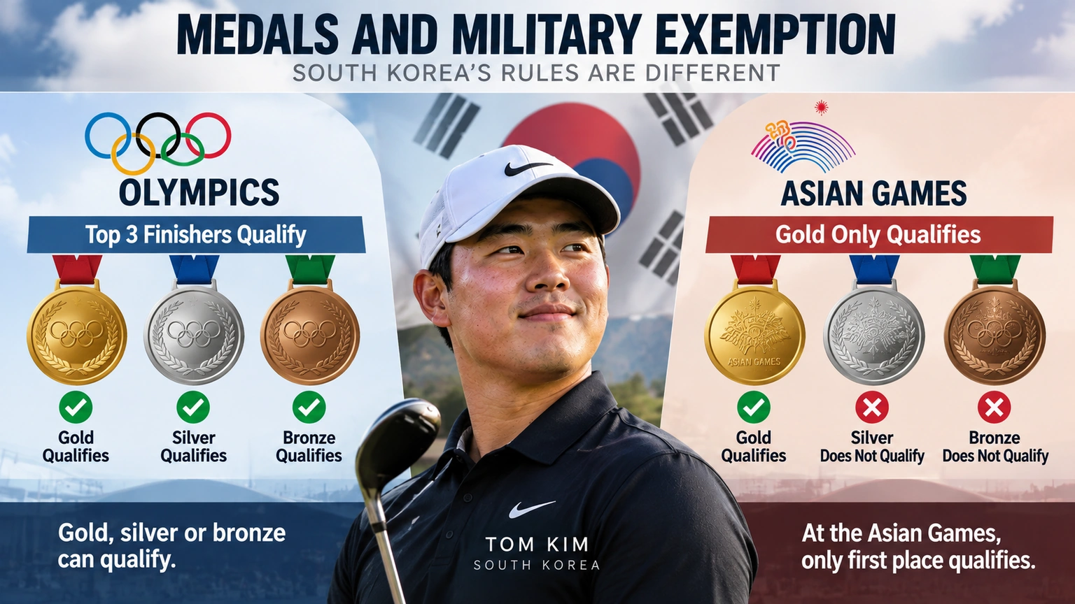 Infographic comparing South Korea’s military-service qualification rules for Olympic and Asian Games medalists