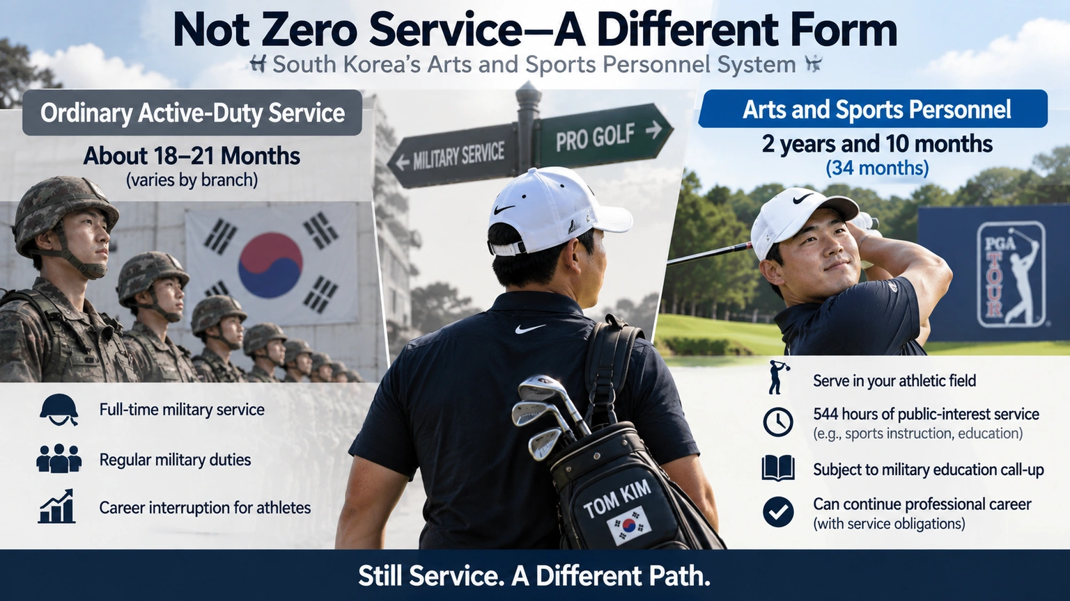 Diagram comparing ordinary active-duty military service with South Korea’s arts and sports personnel system