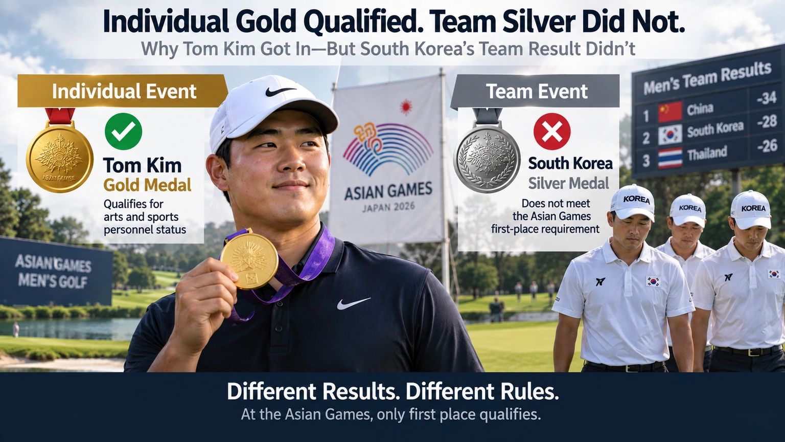 Infographic showing Tom Kim qualifying through individual gold while South Korea’s team silver did not meet the Asian Games threshold