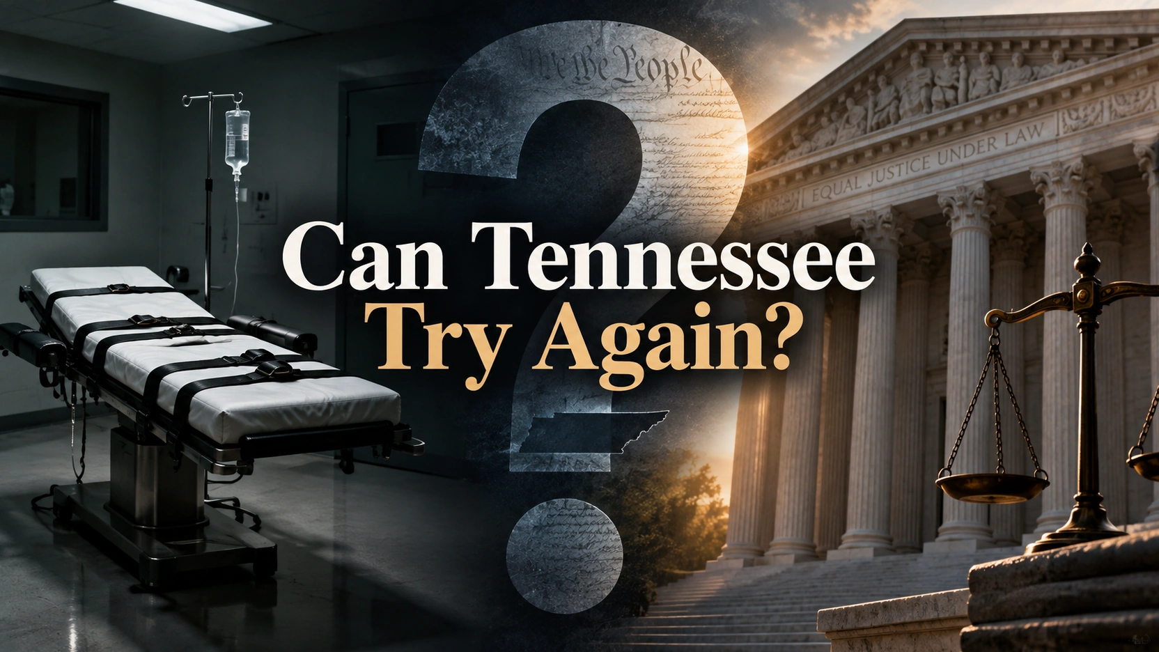 Editorial illustration of an execution gurney facing a courthouse with a question about whether Tennessee can try again