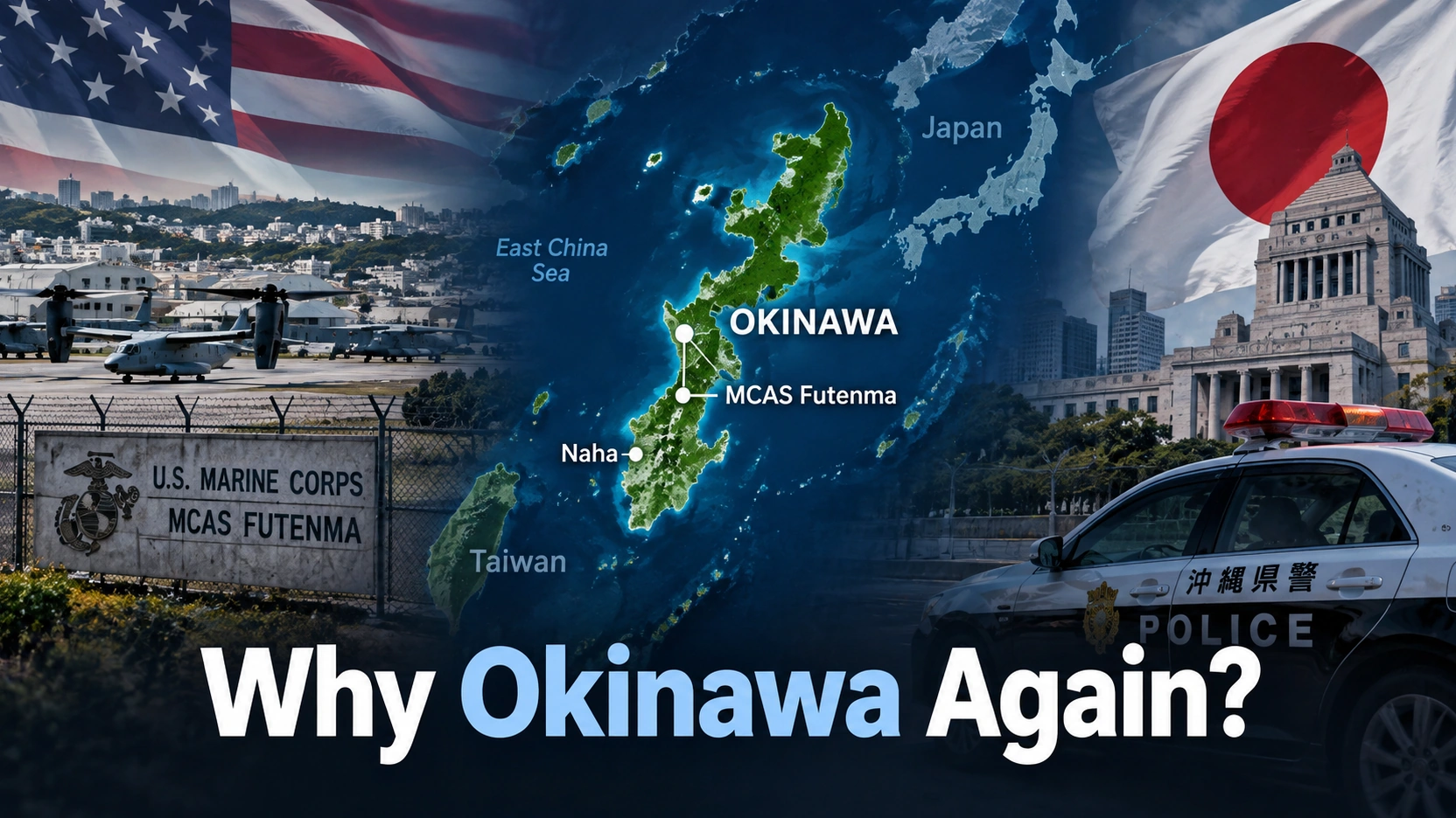Editorial illustration showing Okinawa between Japan and Taiwan with U.S. military and Japanese police symbols