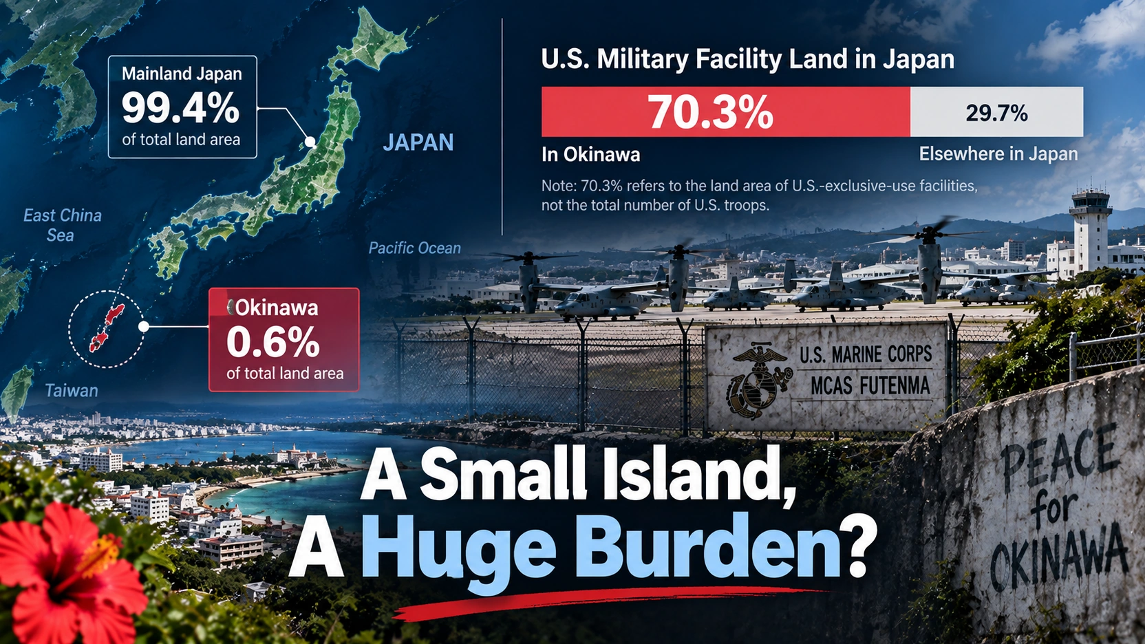 Infographic comparing Okinawa's share of Japan's land area with its share of U.S.-exclusive military facility land