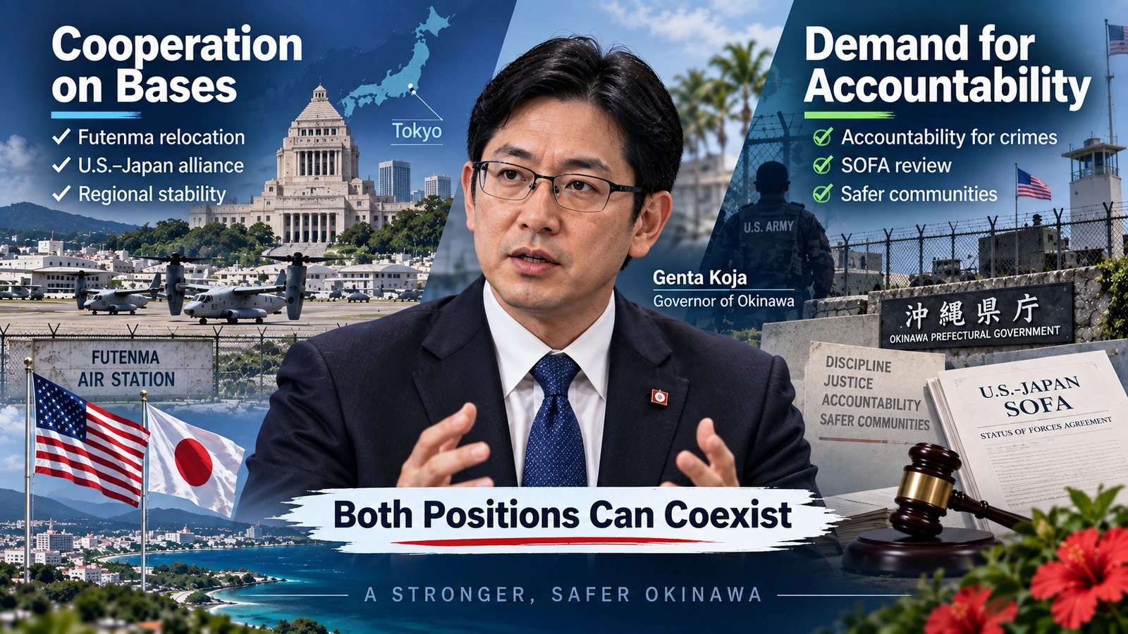 Editorial diagram showing Okinawa Governor Genta Koja between cooperation with Tokyo on Futenma relocation and demands for U.S. military accountability