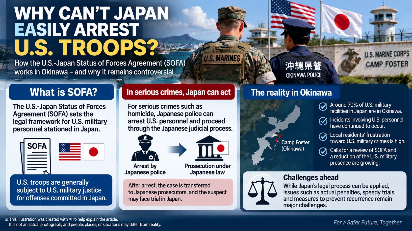 Diagram explaining how custody works under the U.S.-Japan Status of Forces Agreement when Japanese police make the arrest