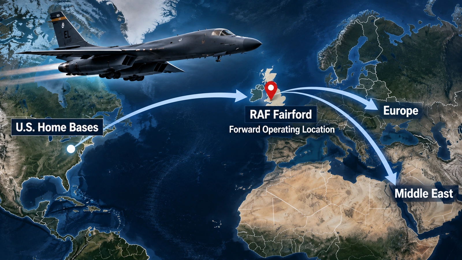 Map-style diagram showing RAF Fairford as a forward U.S. bomber operating location between American home bases and the Middle East