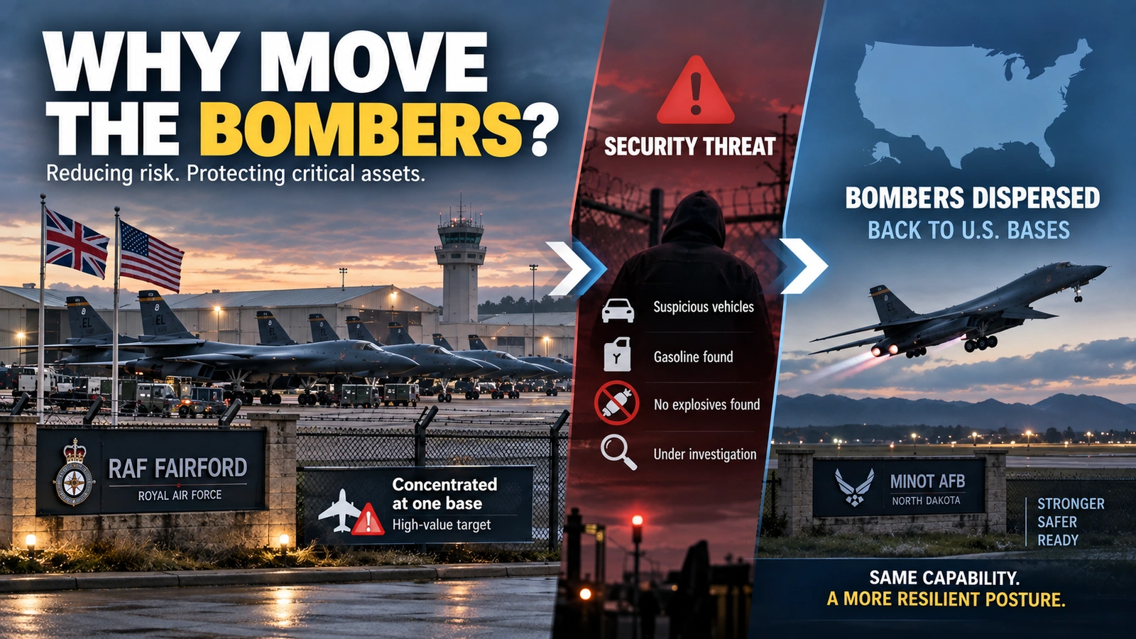 Security diagram showing how concentrating high-value bombers at one forward air base can create operational risk