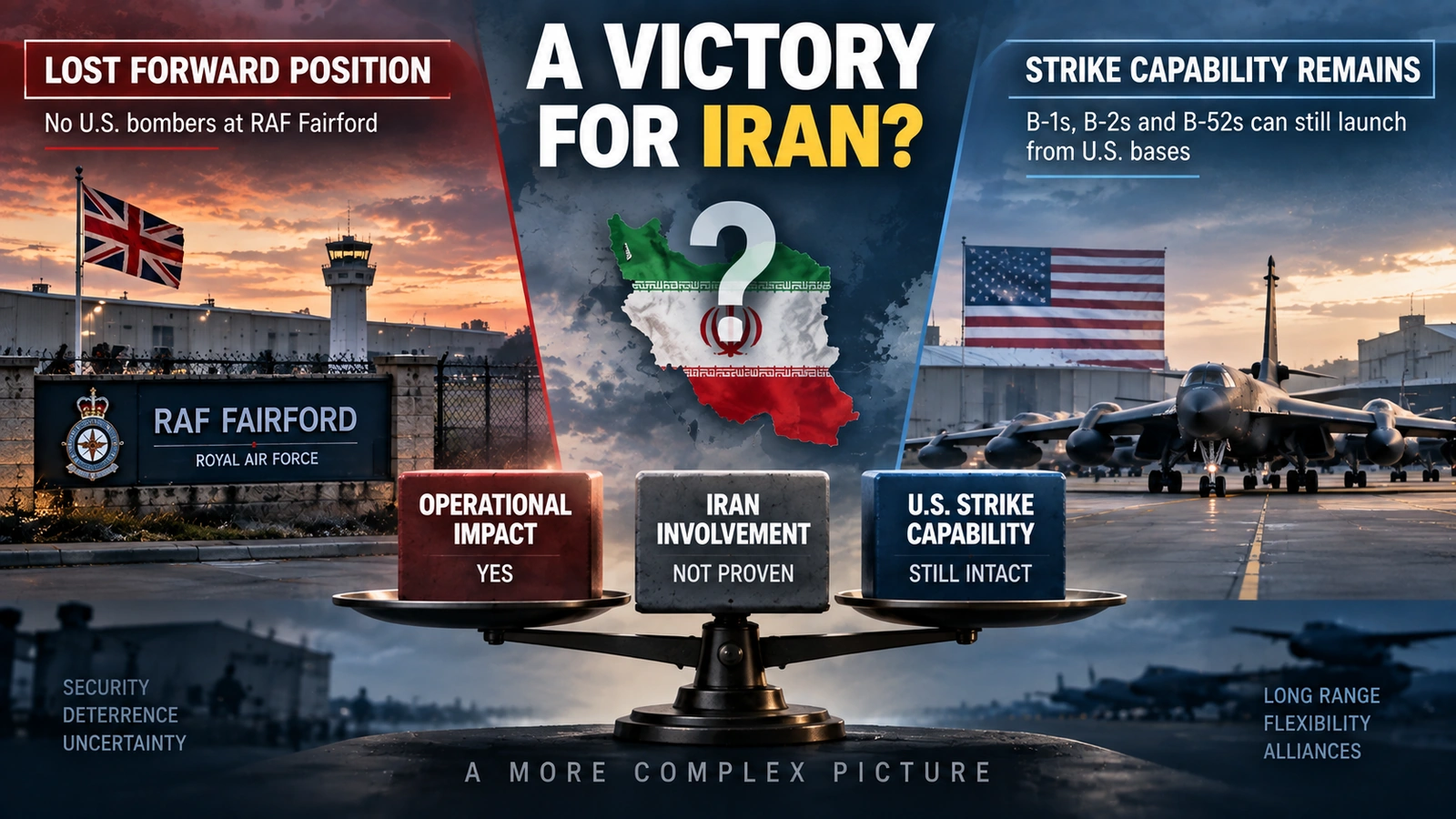 Balanced infographic comparing the strategic effects of the RAF Fairford bomber withdrawal without assuming Iranian responsibility