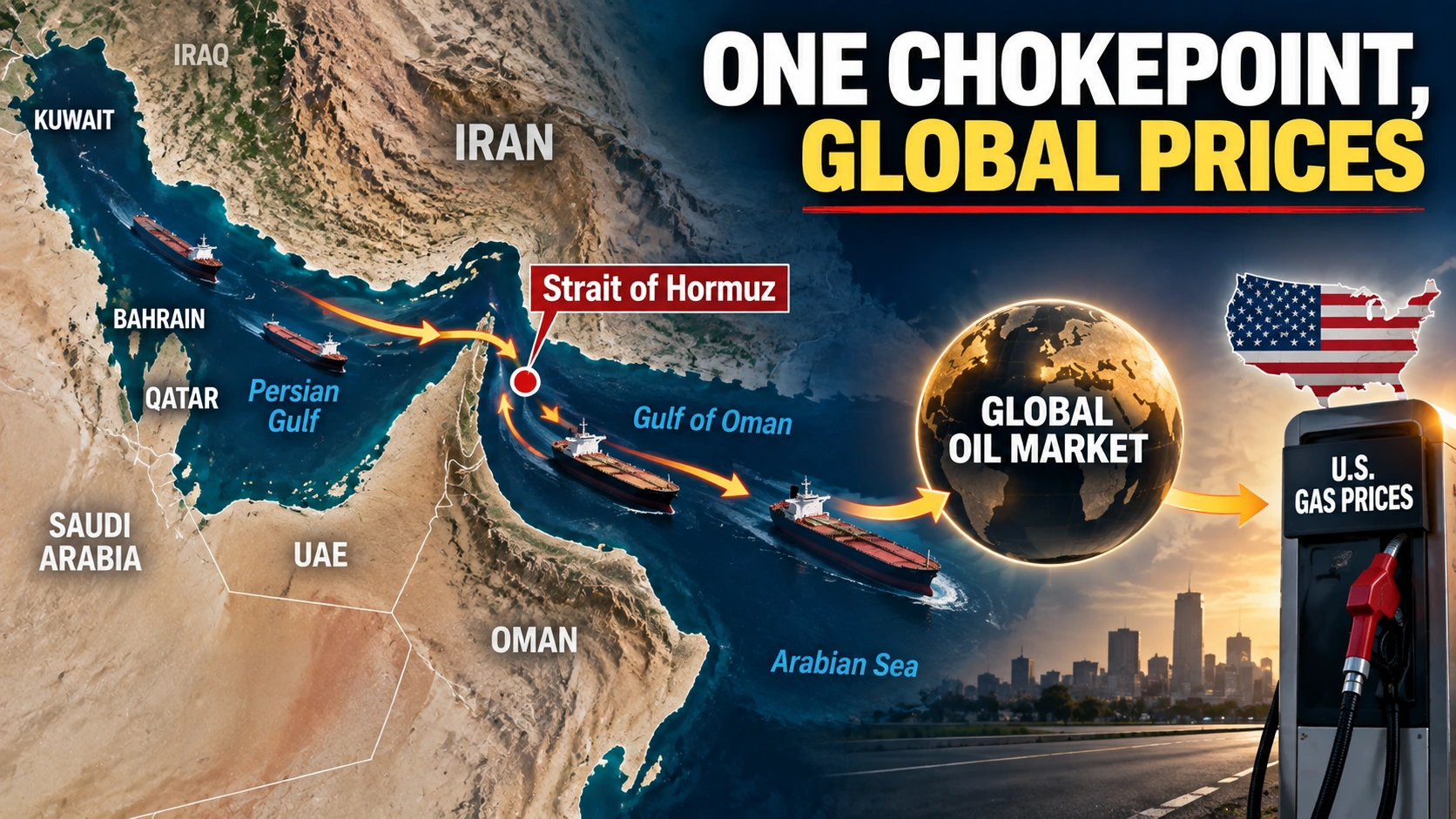 Diagram showing the Strait of Hormuz connecting Persian Gulf oil producers with global energy markets