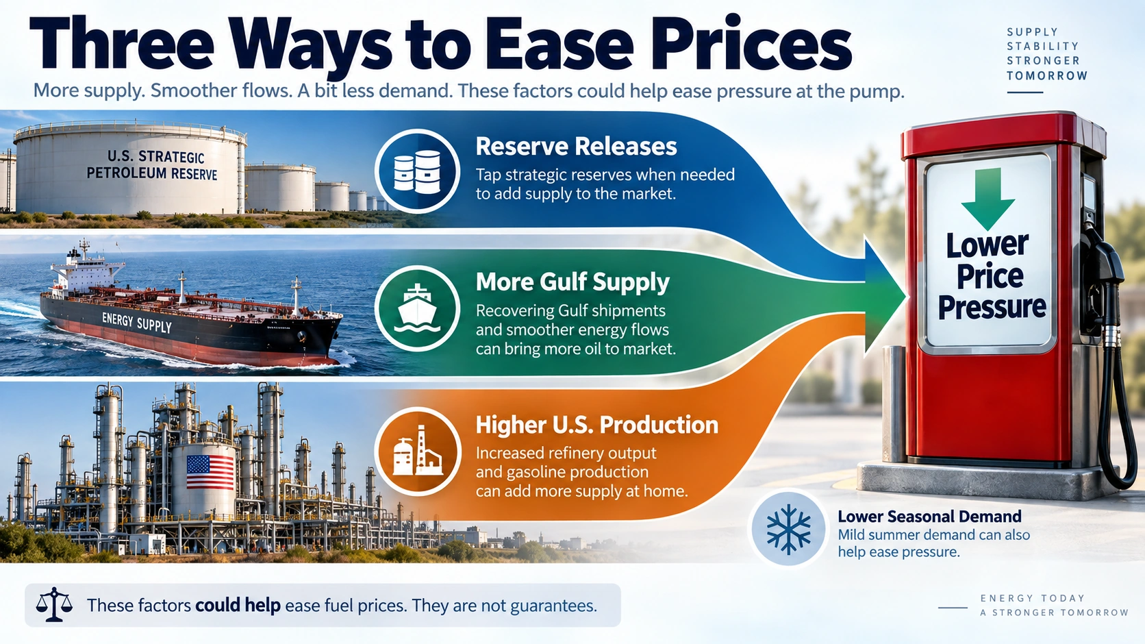 Diagram showing the main government efforts to reduce fuel prices through reserve releases, higher supply, and increased energy flows