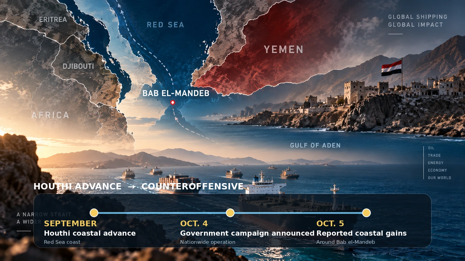 Timeline showing the Houthi Red Sea advance followed by Yemen’s October 4 counteroffensive announcement and October 5 coastal gains