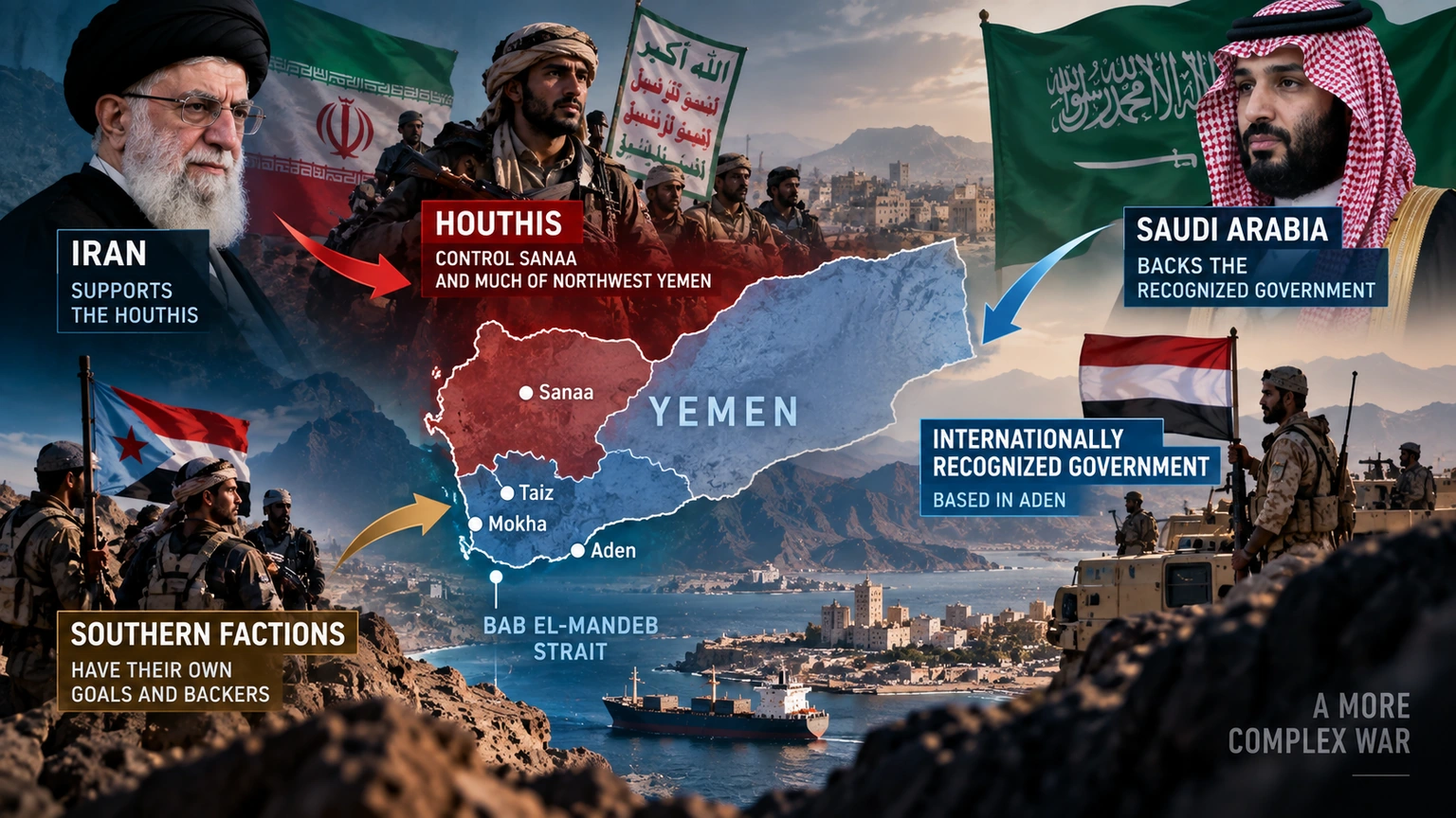 Diagram showing the main sides in Yemen’s conflict and their relationships with Saudi Arabia and Iran