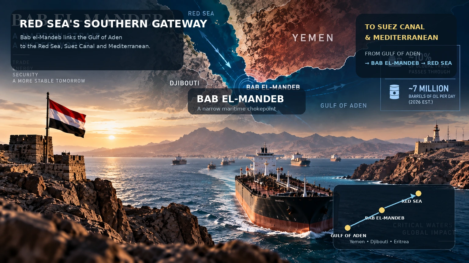 Map showing Bab el-Mandeb connecting the Gulf of Aden to the Red Sea, Suez Canal and Mediterranean shipping routes