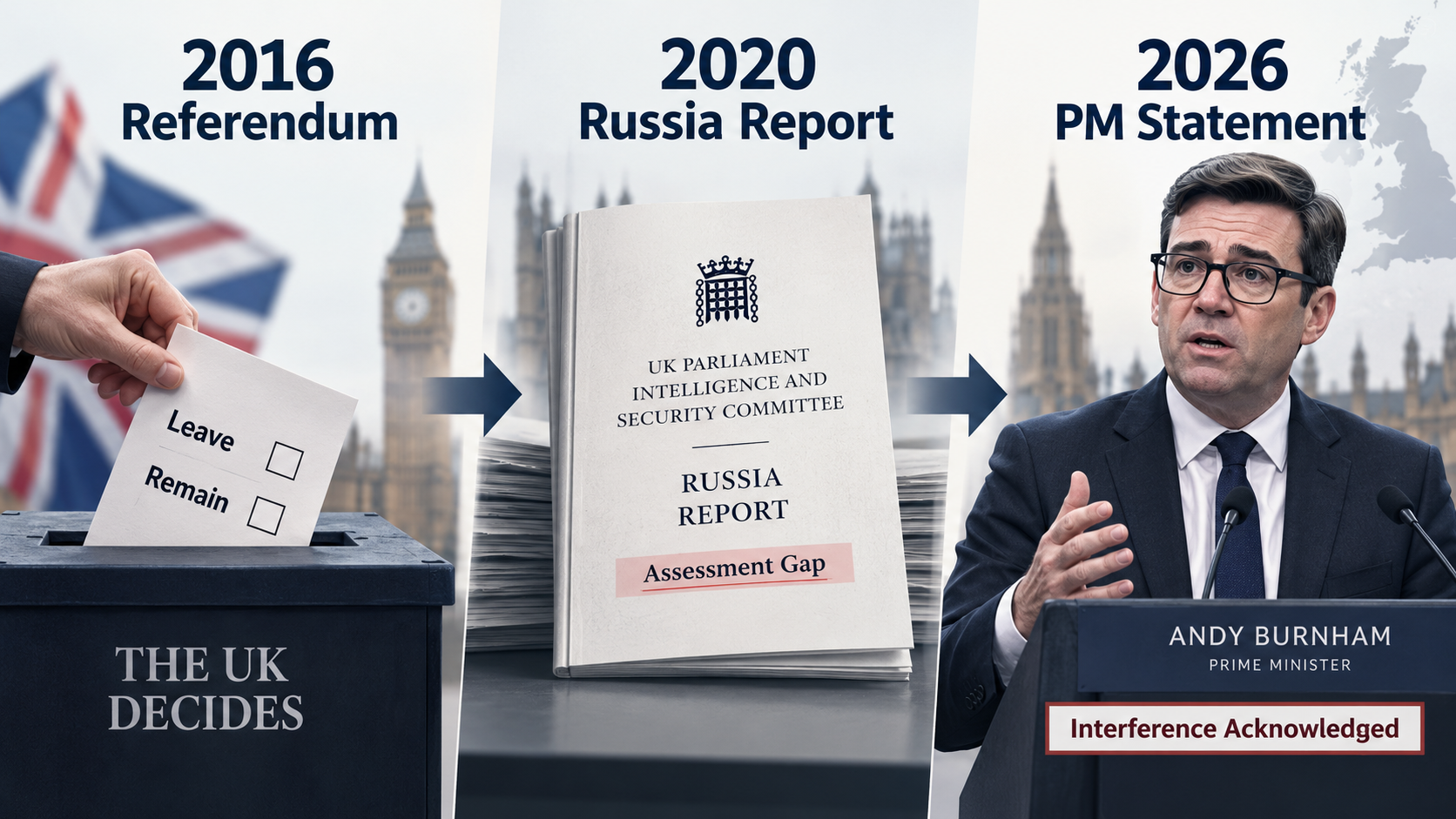Timeline connecting the 2016 Brexit referendum, the 2020 UK parliamentary Russia report, and Prime Minister Andy Burnham's 2026 statement.