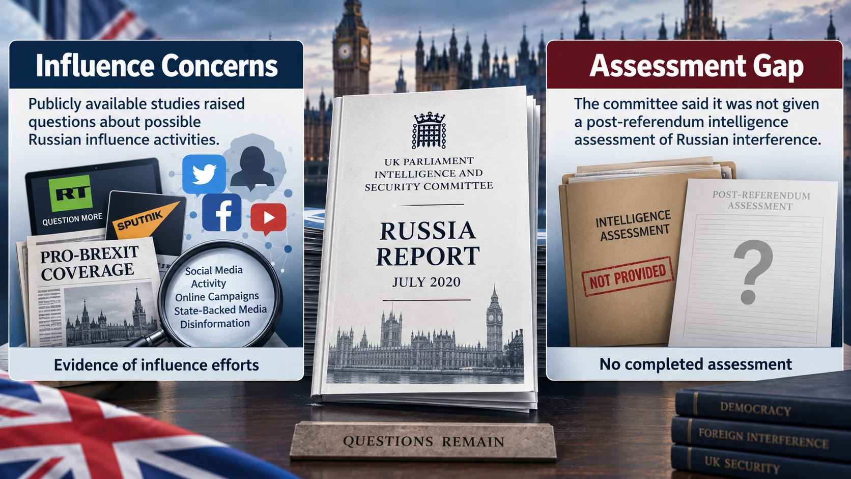 Infographic distinguishing public evidence of possible Russian influence attempts from the absence of a post-referendum intelligence assessment in the 2020 parliamentary report.