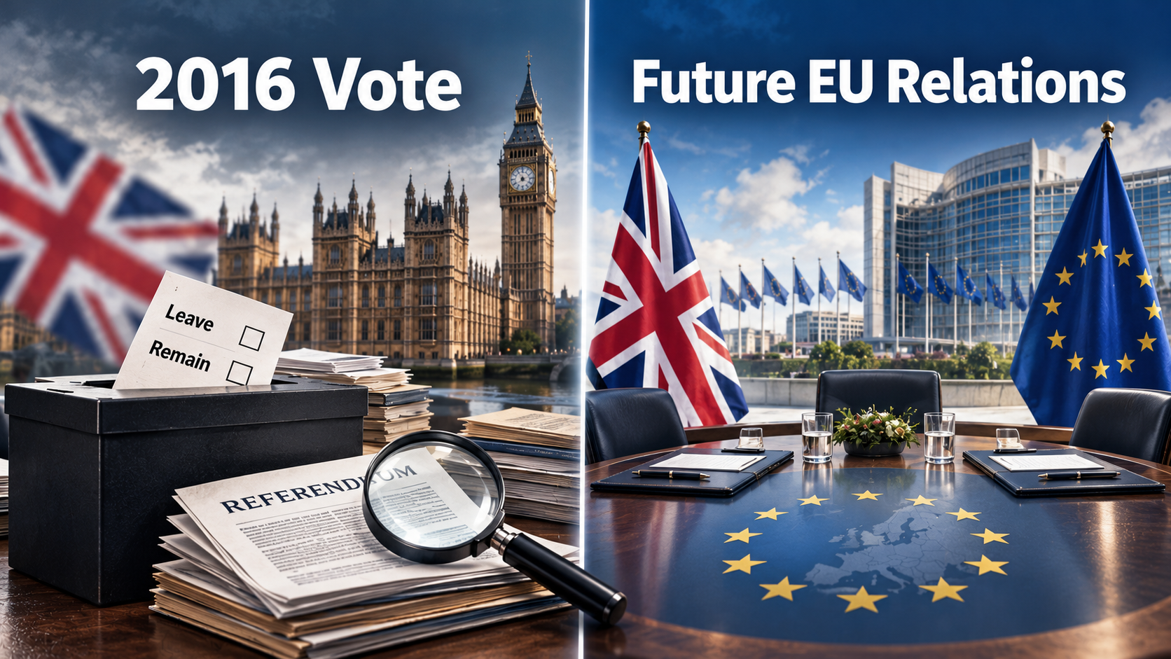 Diagram separating questions about the 2016 Brexit referendum from the future political and legal process of possible UK reentry into the European Union.