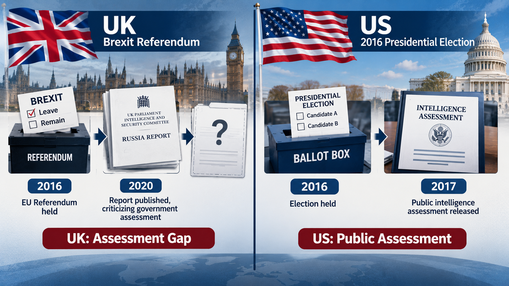 Side-by-side timeline comparing the UK's 2016 Brexit referendum and the US 2016 presidential election, focusing on their different public intelligence assessments of Russian interference.