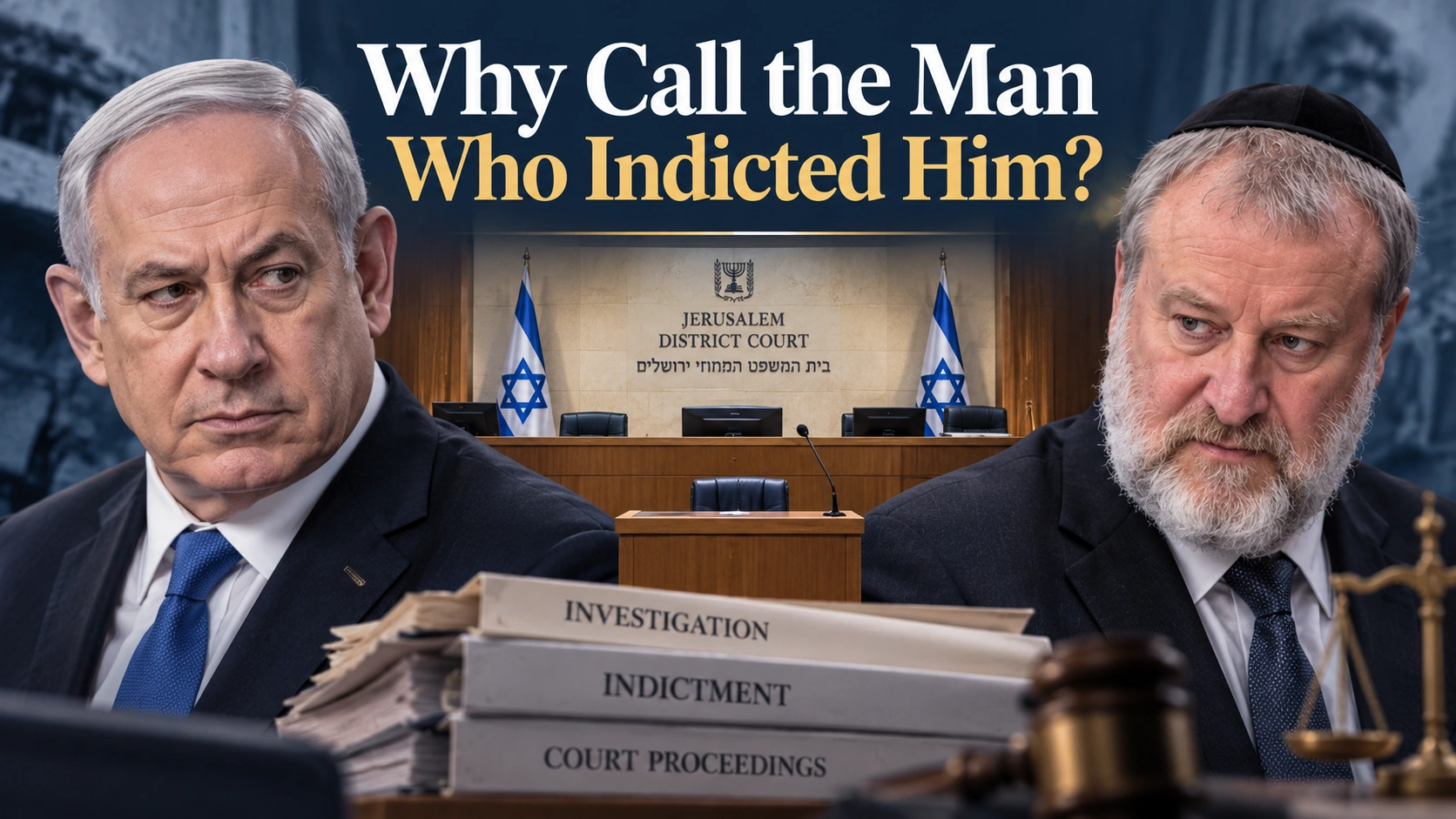 Editorial illustration of Benjamin Netanyahu and former Israeli attorney general Avichai Mandelblit with a Jerusalem courtroom between them