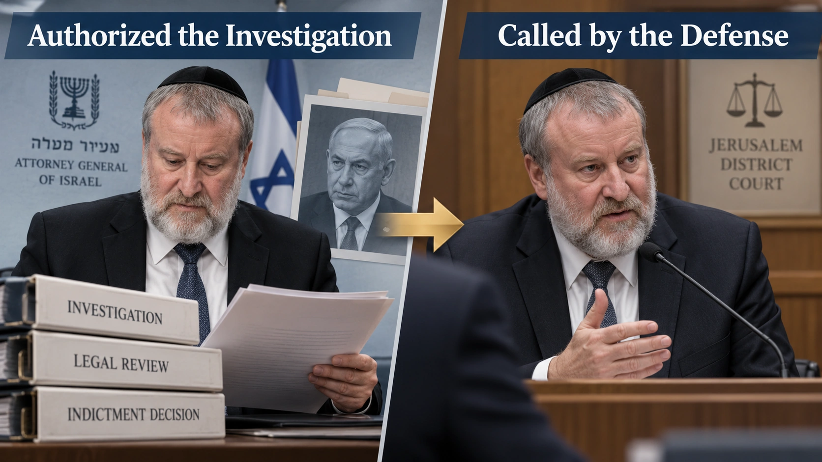 Diagram showing how Avichai Mandelblit authorized Netanyahu investigations and later became a witness called by the defense