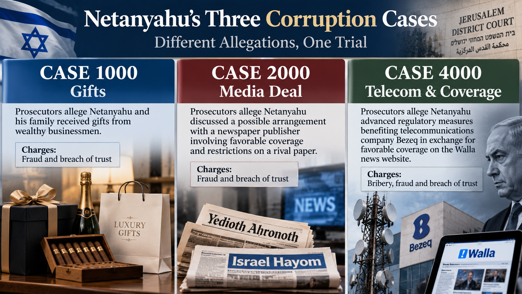 Three-panel infographic explaining the allegations in Netanyahu's Cases 1000, 2000 and 4000