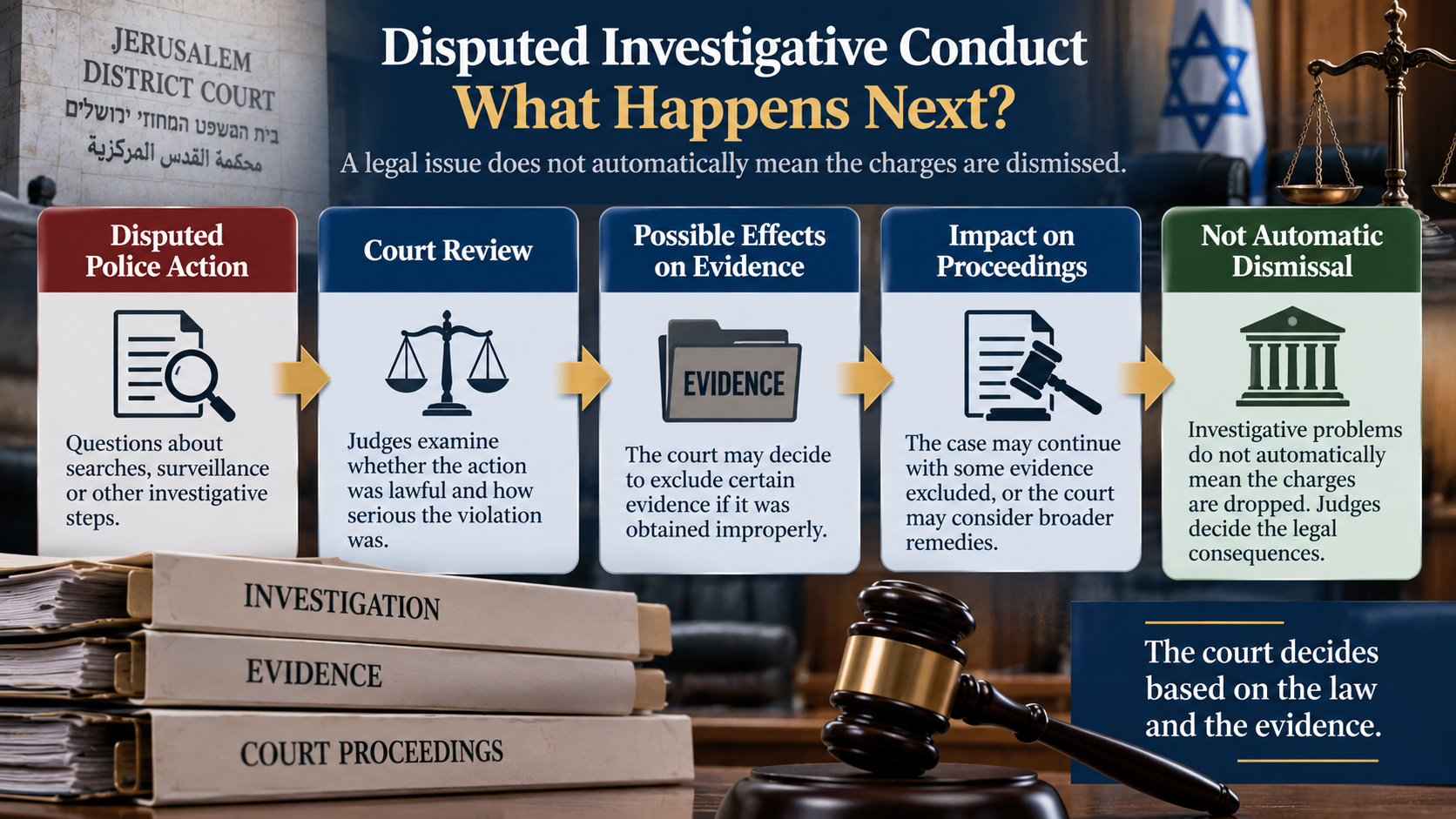 Decision tree showing how disputed investigative conduct may lead to judicial review of evidence rather than automatic dismissal