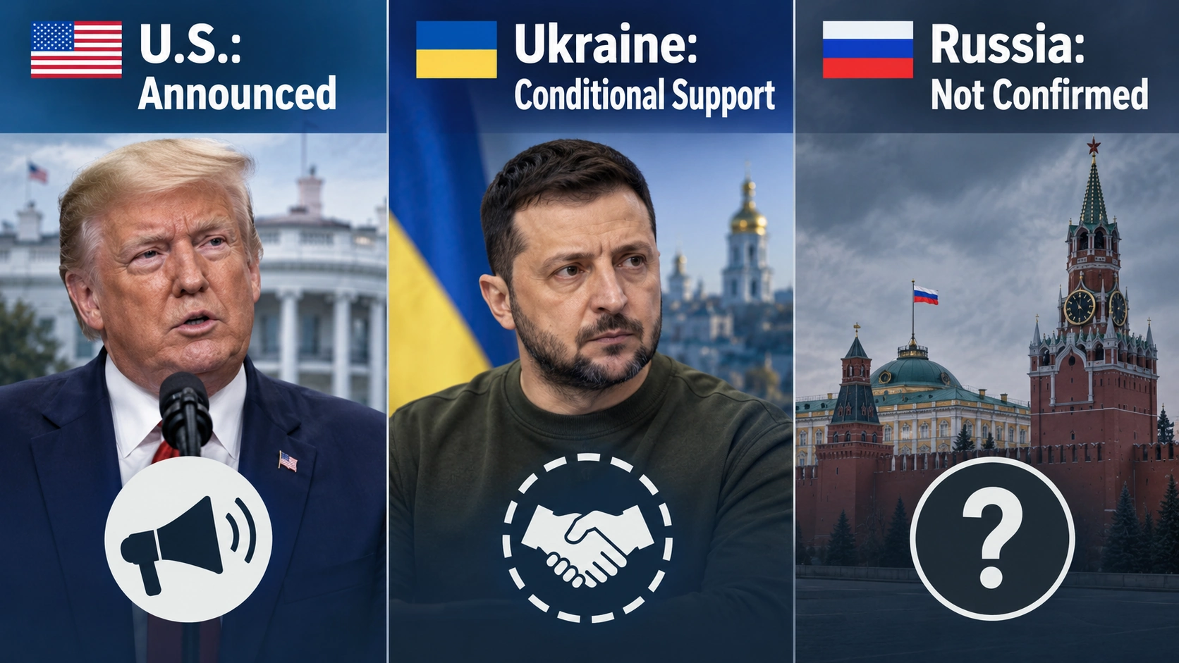 Three-column infographic comparing Trump's ceasefire announcement, Ukraine's conditional support, and Russia's lack of public confirmation