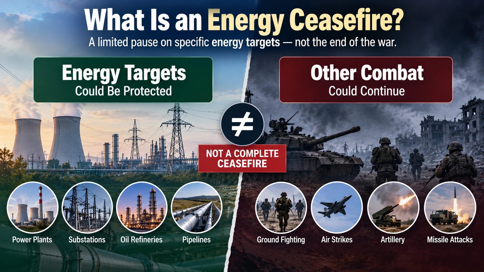 Comparison diagram showing energy facilities that a proposed limited ceasefire could protect and military operations that could continue