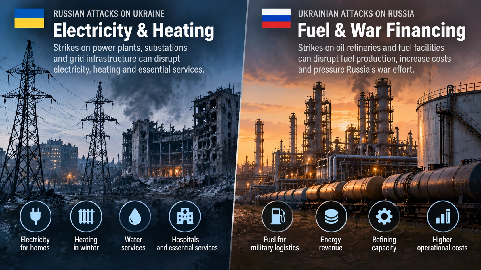 Side-by-side infographic explaining Russian attacks on Ukraine's electricity infrastructure and Ukrainian attacks on Russian oil refineries