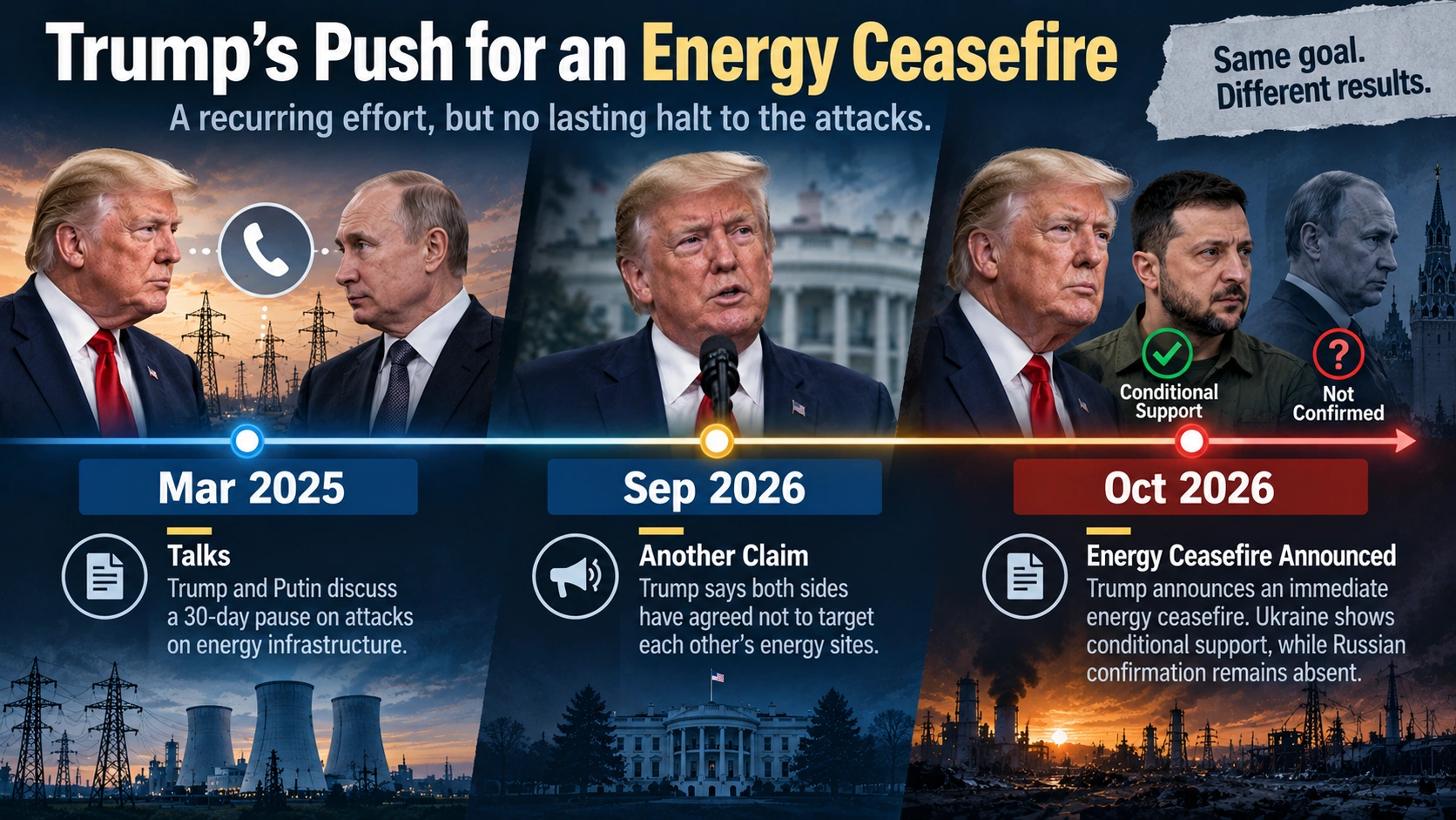 Timeline comparing the March 2025 energy ceasefire negotiations, a September 2026 announcement, and the October 2026 ceasefire claim