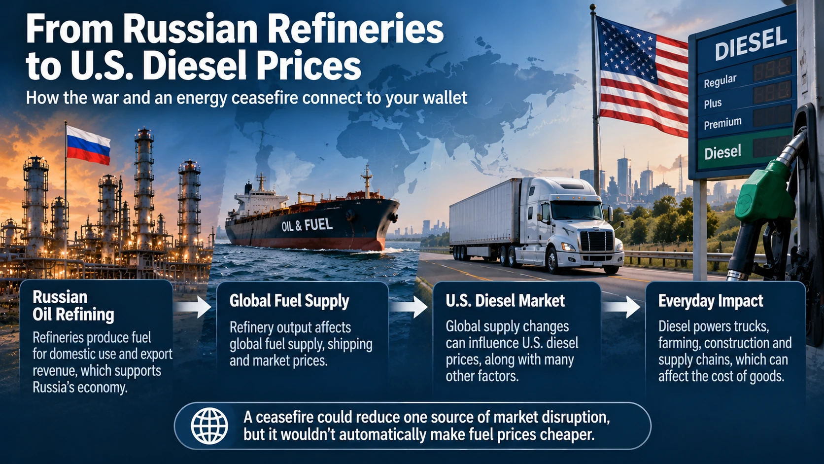 Flowchart connecting Russian oil refining, global diesel supplies, U.S. fuel costs, and diplomacy surrounding an energy ceasefire