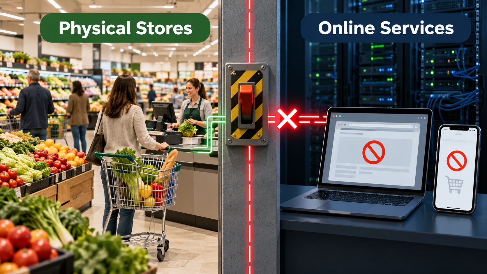 Split-screen diagram comparing an operating physical grocery store with temporarily disabled online shopping services