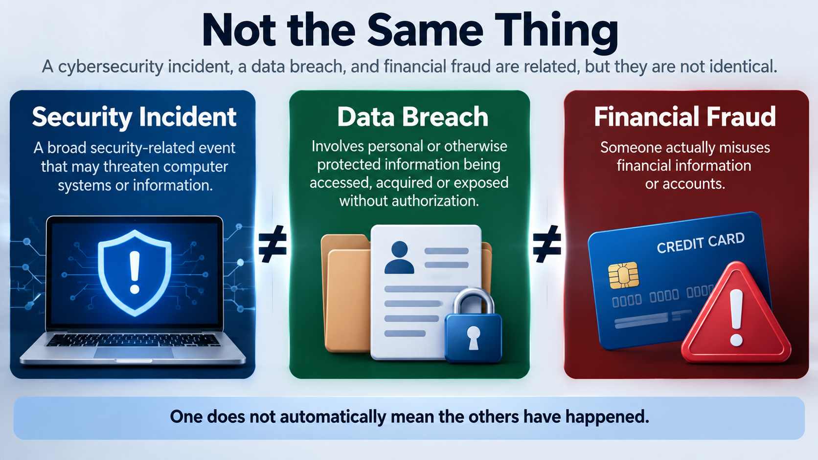 Infographic explaining the difference between a cybersecurity incident, a personal data breach, and financial fraud