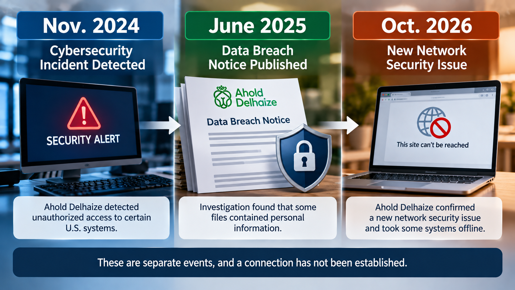 Timeline comparing Ahold Delhaize's November 2024 cybersecurity incident, June 2025 data breach notice, and October 2026 network disruption