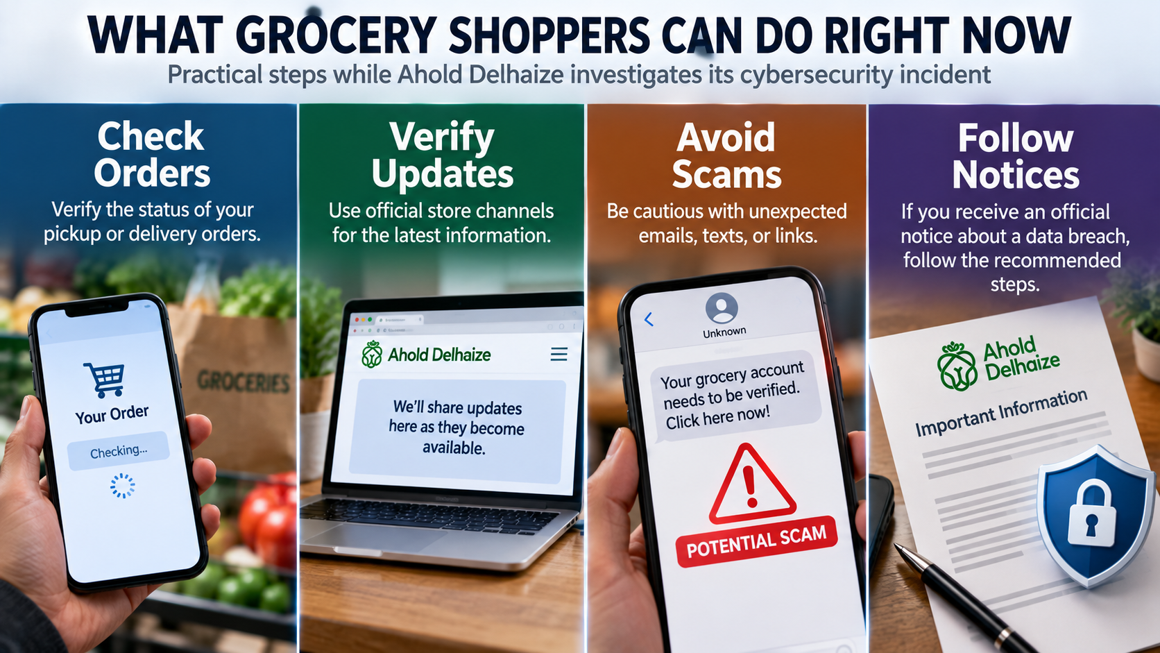 Consumer safety infographic showing how grocery shoppers can check order status, avoid phishing links, and respond to verified data breach notices