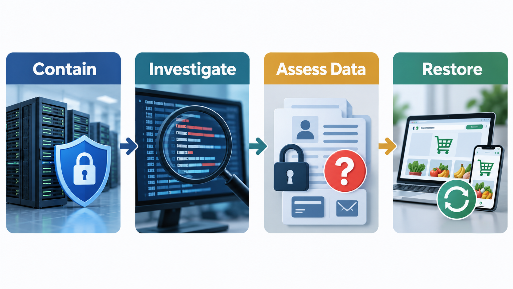 Cybersecurity recovery flowchart showing system containment, investigation of possible data exposure, and restoration of grocery services