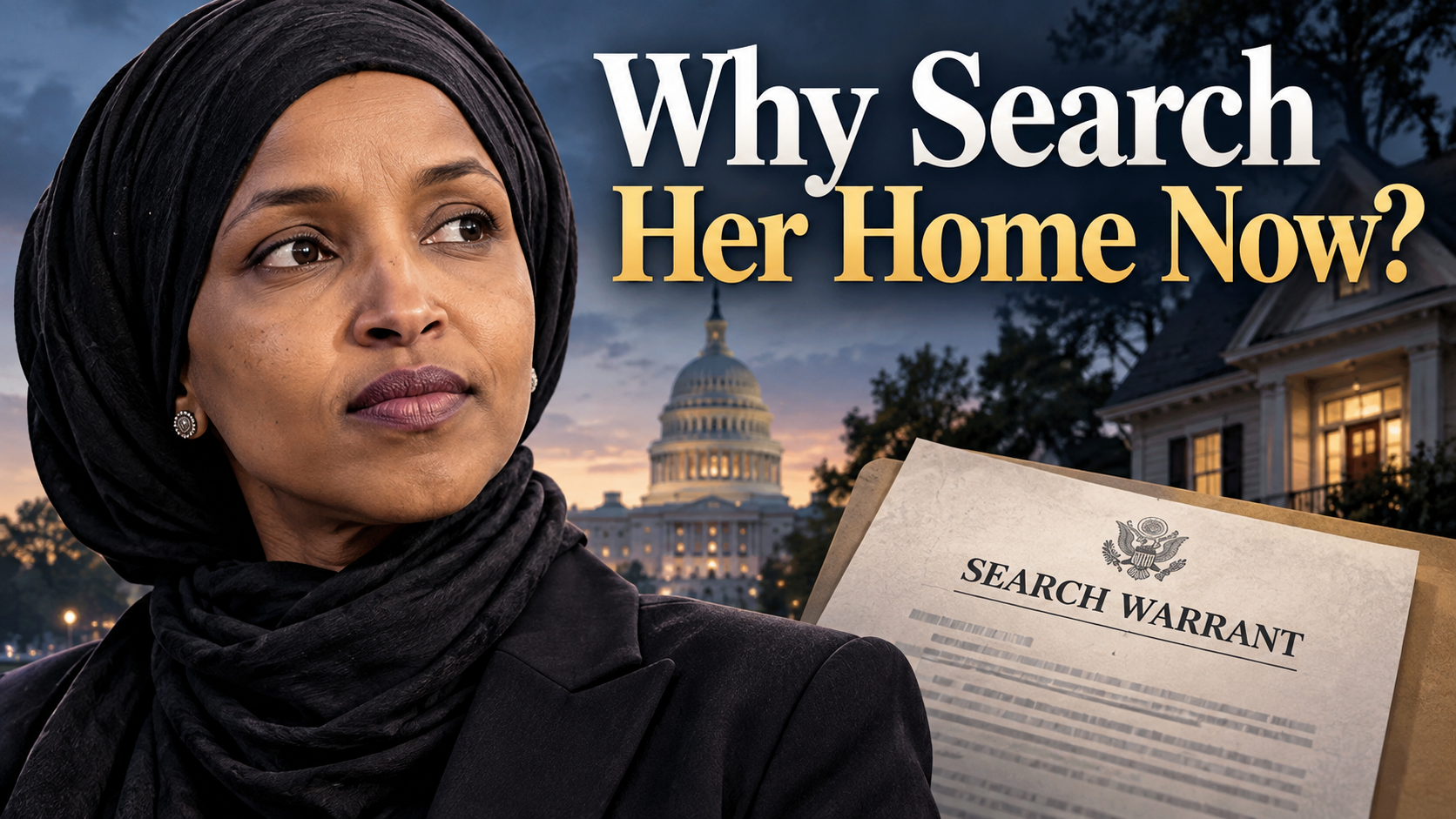 Editorial illustration of Representative Ilhan Omar with a federal search warrant, a Washington home, and the U.S. Capitol in the background