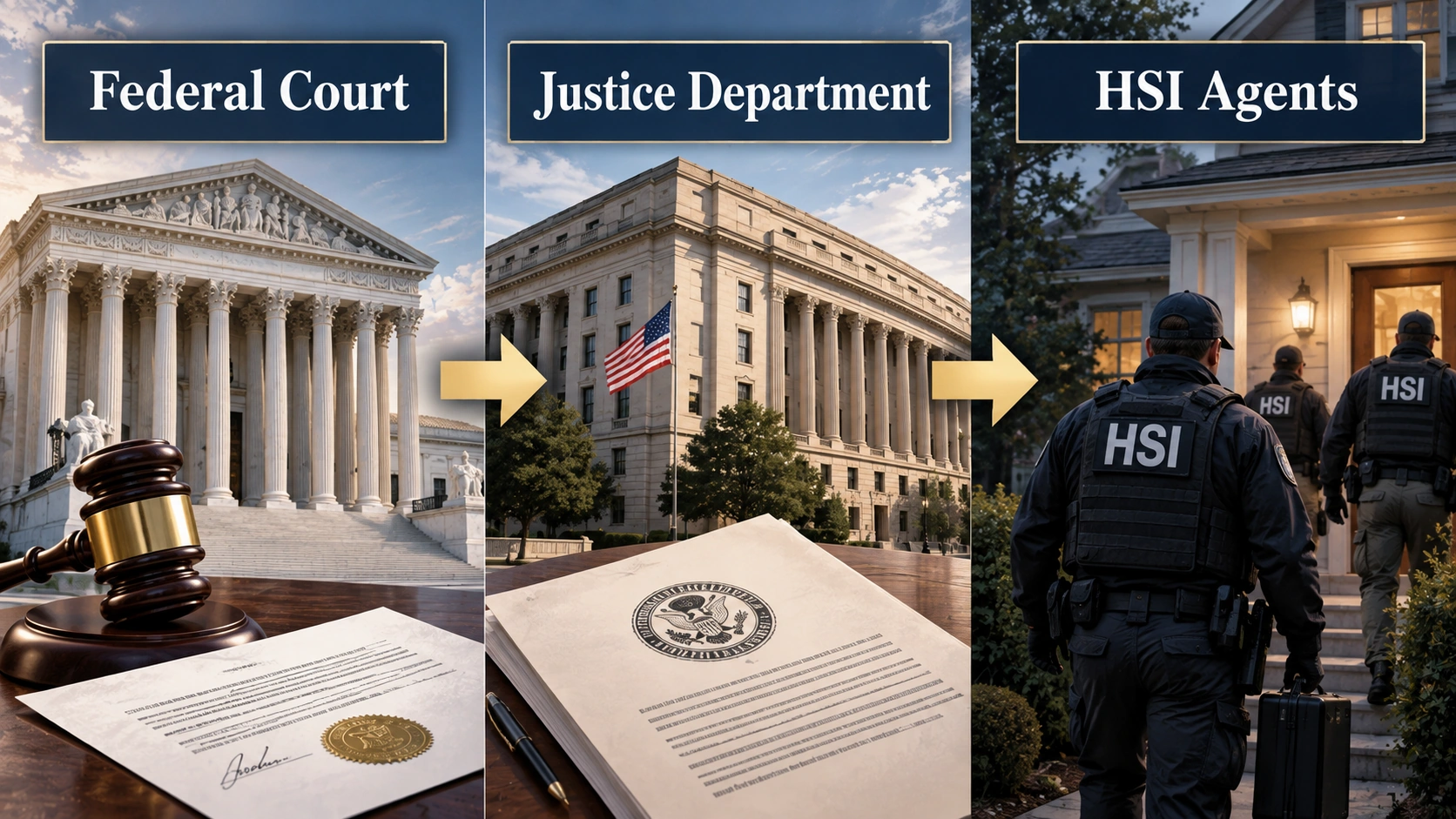 Diagram showing a federal court authorizing a search warrant, the Justice Department securing it, and Homeland Security Investigations executing the search
