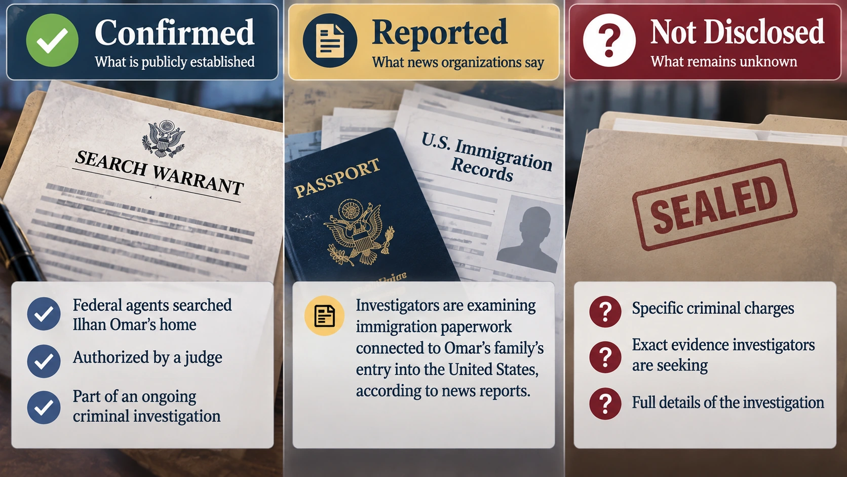 Three-column infographic separating officially confirmed facts, reported immigration allegations, and undisclosed information in the Ilhan Omar investigation
