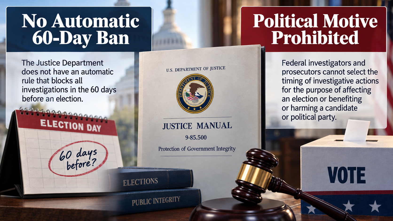 Infographic explaining that DOJ election safeguards prohibit politically motivated investigative timing but do not create an automatic 60-day ban on all investigations