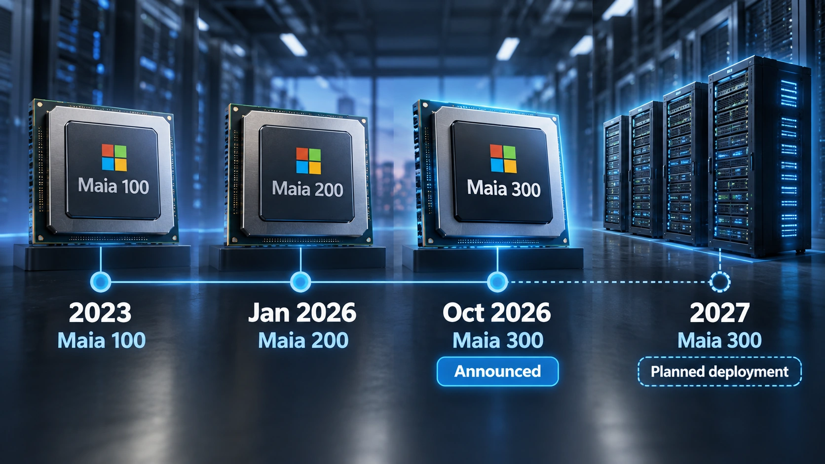 Timeline showing Microsoft's Maia 100 launch in 2023, Maia 200 introduction in January 2026, and Maia 300's planned deployment in 2027