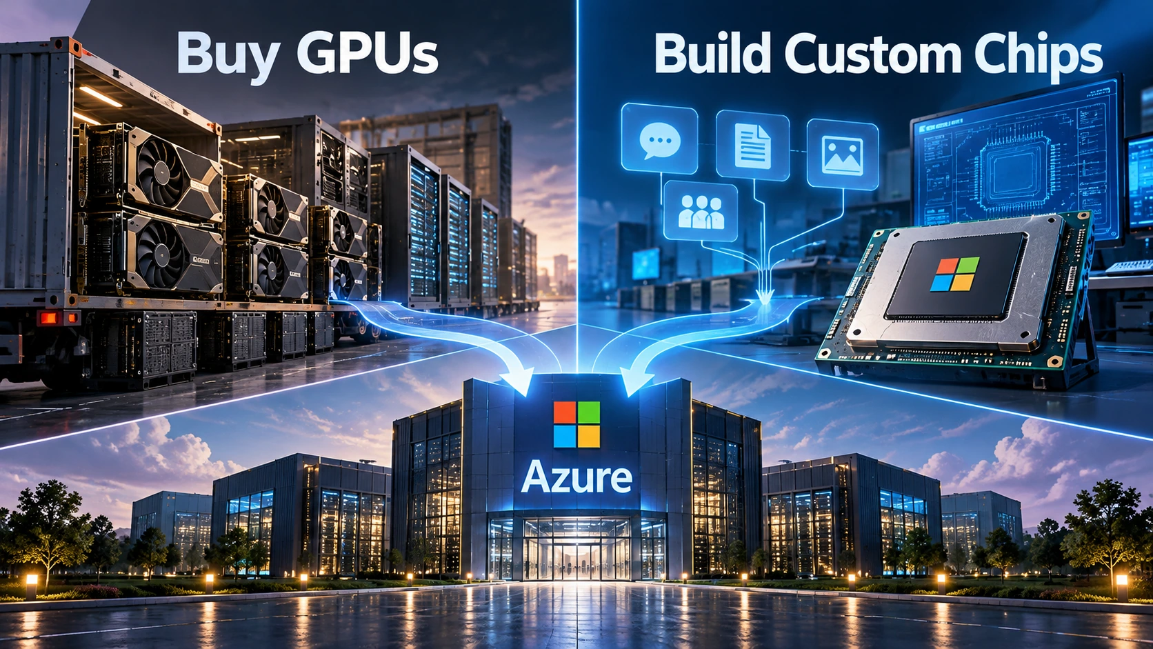 Diagram comparing an AI cloud provider purchasing third-party GPUs with designing its own chips for specific workloads