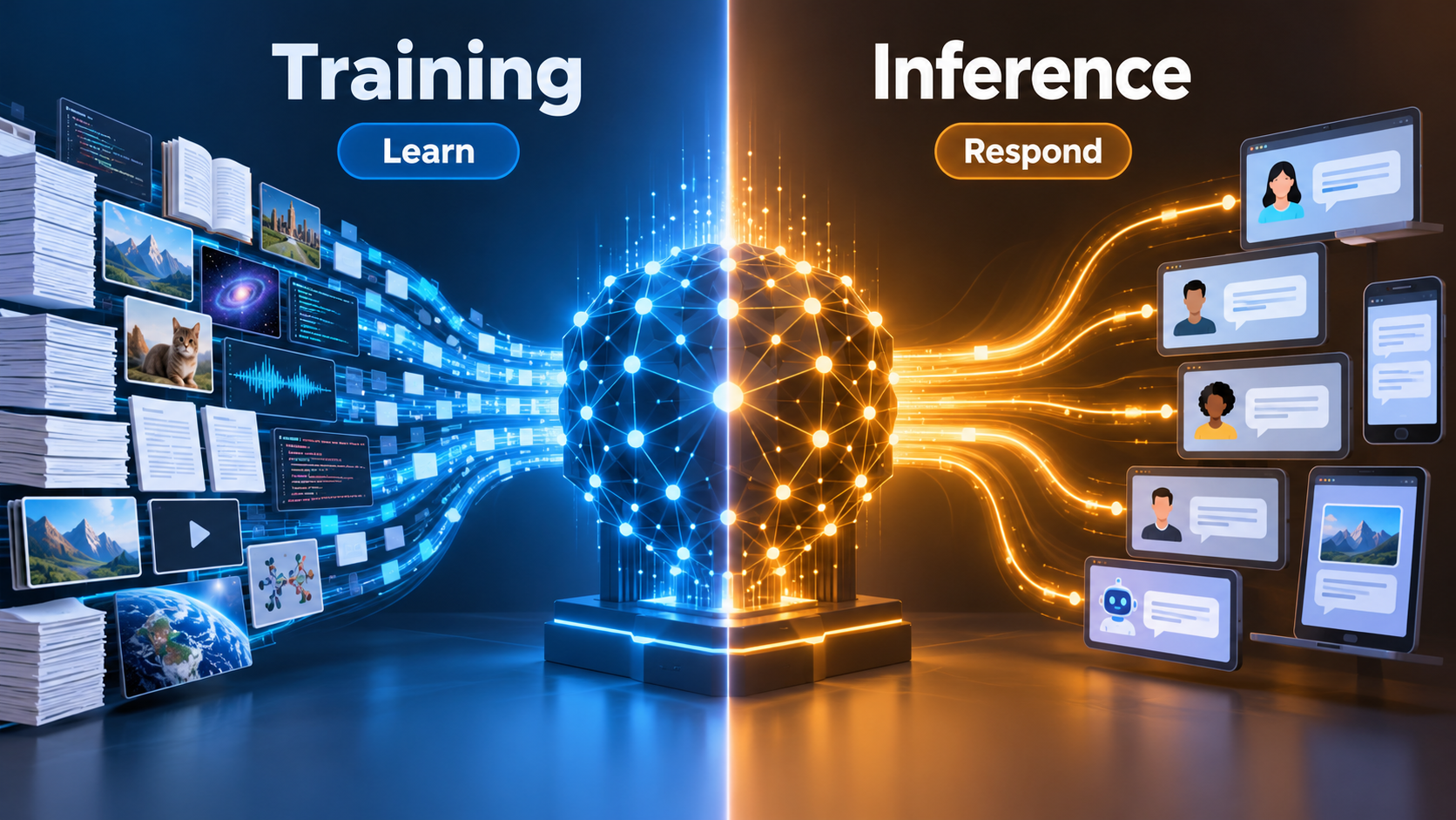 Two-part diagram illustrating AI model training on data and AI inference generating answers for users
