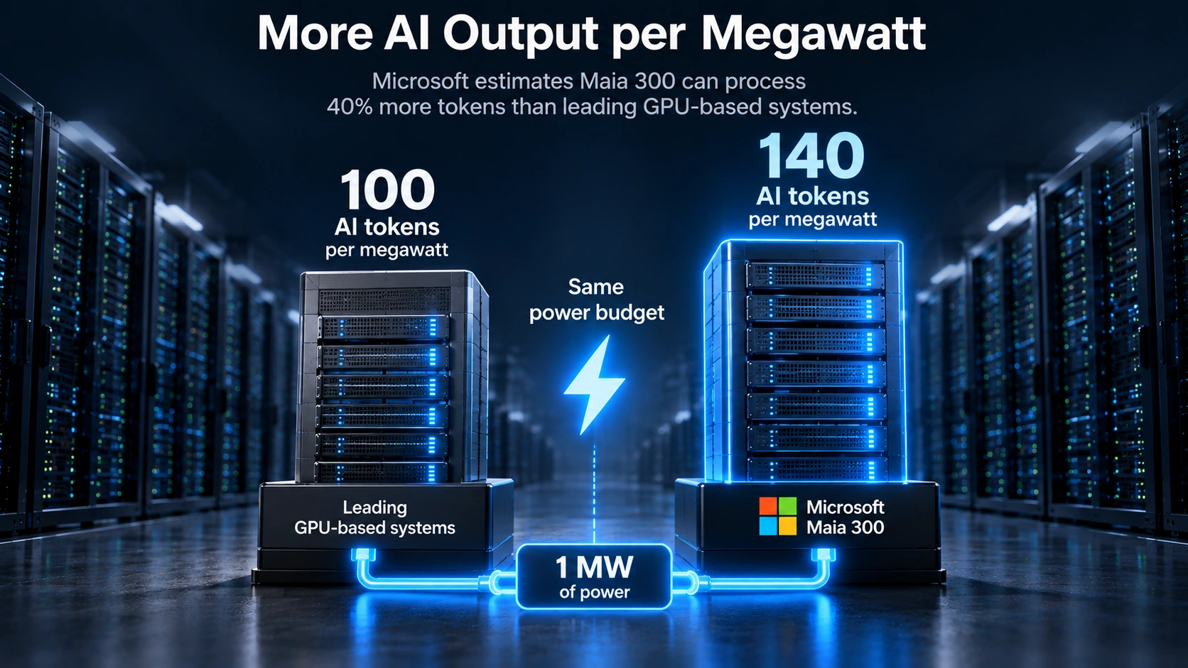 Illustrative chart explaining Microsoft's projected 40 percent increase in AI tokens processed per megawatt compared with leading GPU systems