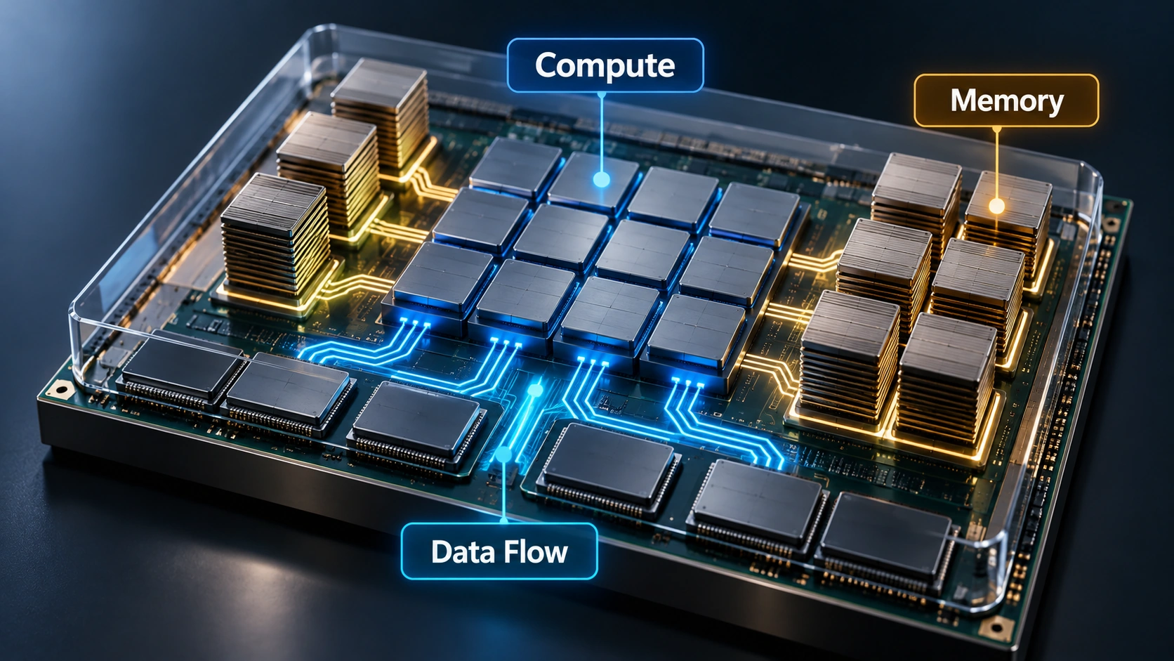 Simplified cutaway of Microsoft's Maia 300 chiplet architecture showing separate compute, memory-control, and data-transfer components