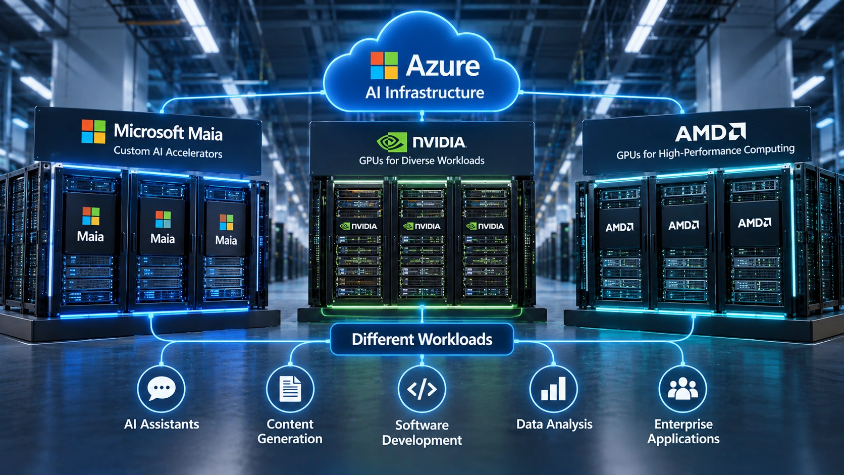 Diagram showing Azure data centers combining Microsoft Maia accelerators with Nvidia and AMD GPU systems for different AI workloads
