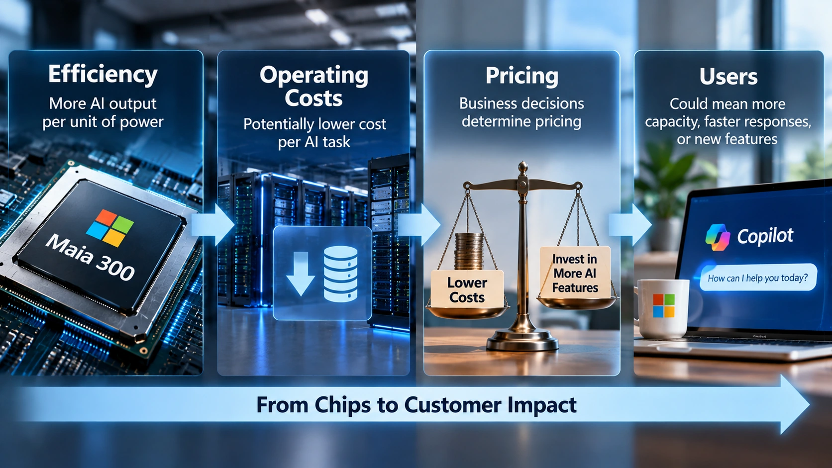 Flowchart showing how chip efficiency could influence cloud operating costs, AI service capacity, and customer pricing