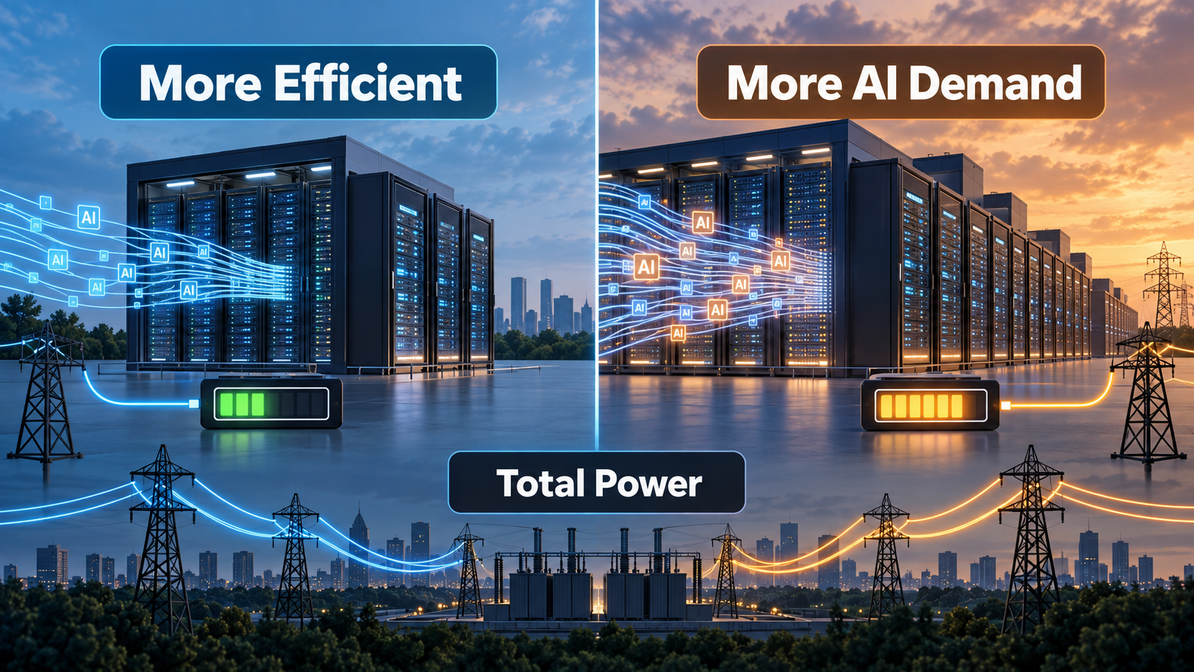 Conceptual infographic explaining how AI chips can produce more output per unit of electricity while total data center demand continues to grow