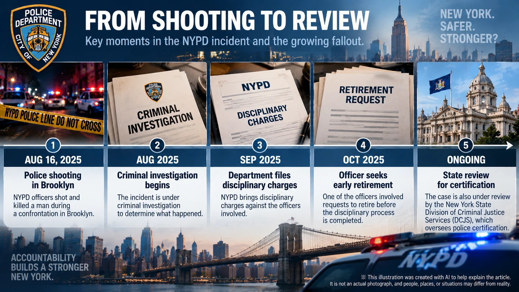Timeline from the March 2024 Win Rozario shooting through the officer's May 2026 retirement and the October 2026 NYPD policy announcement