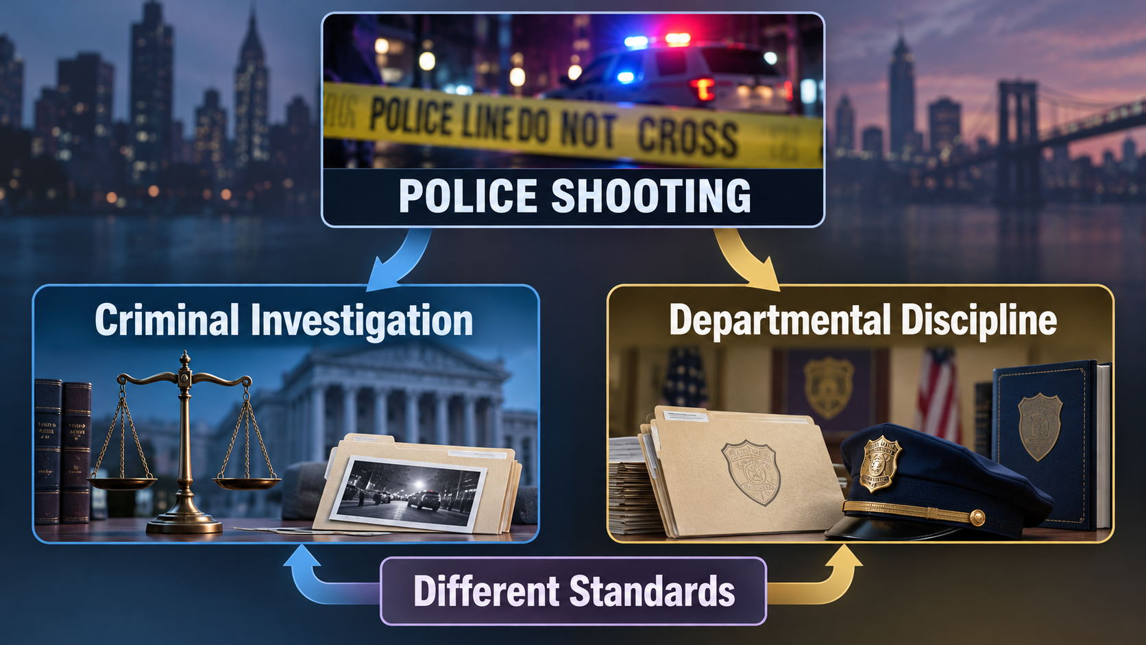 Two-track diagram showing why a police shooting may result in no criminal charges while NYPD disciplinary proceedings can still proceed