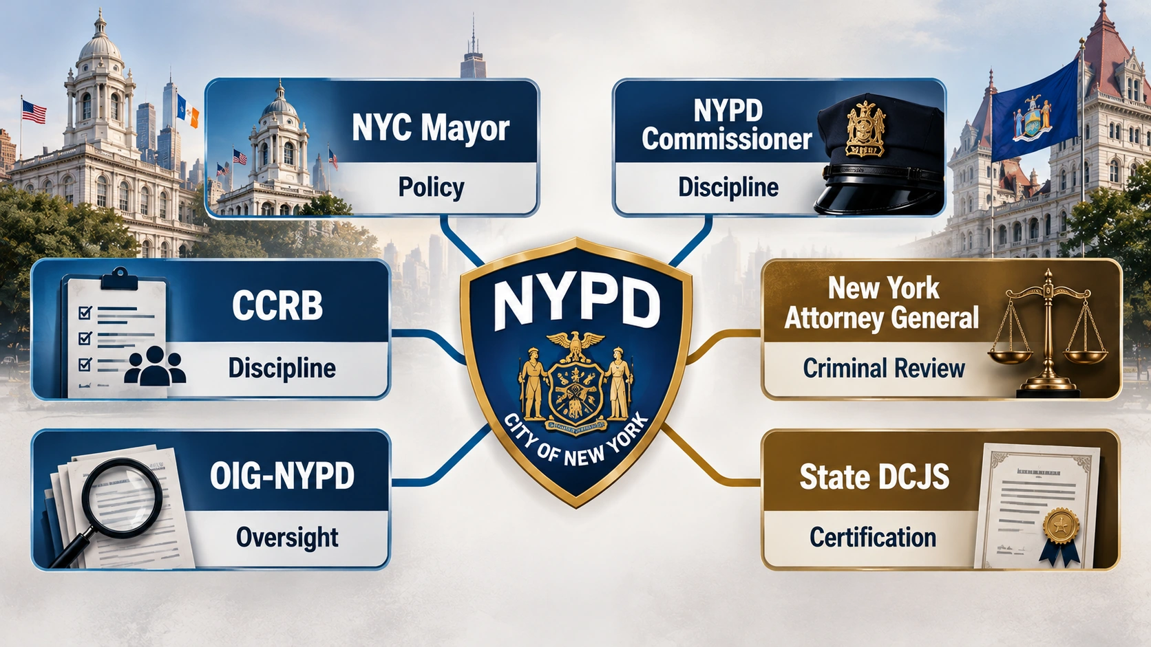 Diagram of the roles of New York City's mayor, NYPD commissioner, CCRB, police inspector general, state attorney general and police certification agency