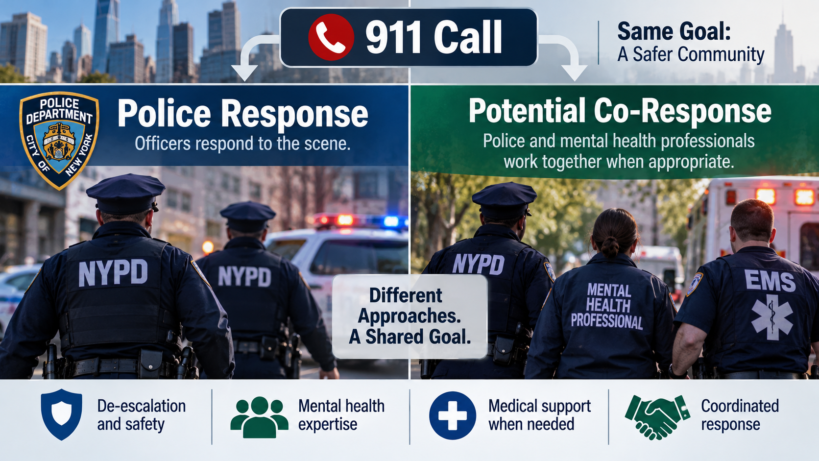 Comparison of conventional police response and possible coordinated mental health crisis response involving paramedics and mental health professionals